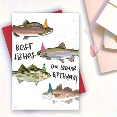 1pc Funny Fish Birthday Card With Cartoon Party Hats & "Best Fishes" Message - Humorous Greeting Card For Men, Women, Family, Friends - Paper Birthday Gift, Funny Birthday Card, Vibrant Print Quality,For School Supplies,Back To School