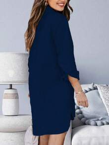 Women's Solid Color Single-Breasted Casual Loose High-Low Hem Pocket Commuter Versatile Shirt Dress Spring - Navy Blue - View 2