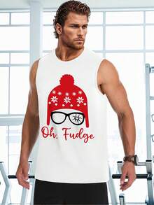 Funny Christmas Men's Tank Top With Oh Fudge And Winter Hat & Broken Glasses Graphic Print Vest, Perfect For Holiday Parties Suitable For Men Is An Ideal Gift Choice - White - View 2