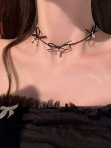 1 pieza Collar gargantilla con colgante de perla y lazo delicado para mujer, collar Lolita, joyas de moda como regalo para el Día de San Valentín, cumpleaños, fiesta, Halloween, Navidad