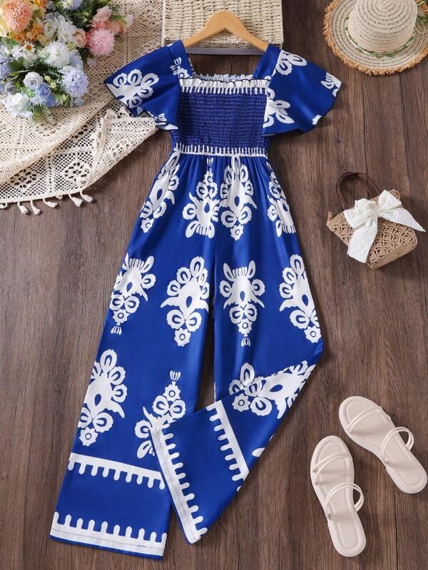 Tween Girls' Vintage Print Off Shoulder Puff Sleeve Ruched Jumpsuit, Summer