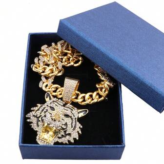 Luxury Gold Plated Tiger Head Pendant Necklace With Iced-Out CZ Stones, Men's Hip Hop Cuban Link Chain Jewelry For Party Gift & Daily Wear, Statement Accessory And Jewelry Boxes