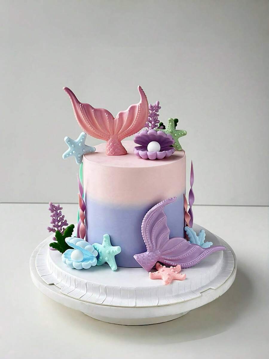 1pc Ocean Theme Cake Topper Mermaid Tail Doll, Sea Coral Shell Star Decor, Kids Birthday Party Cake Decoration For Boys/Girls