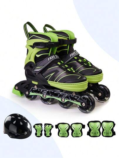 FREE STAR 一套 FREESTAR 运动型柔软 PU 材质直排轮滑鞋，带闪光轮，适合初学者，尺码可调节，包含头盔、护肘/护膝/护掌，时尚户外专业运动鞋