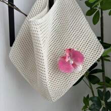 Summer Hollow Knit Tote Bag, Large Capacity Luxury Women Plain Casual Shoulder Bag, Butterfly & Floral Decor One Shoulder Strap Tote, Suitable For Daily Use, Hangout With Friends, Gift