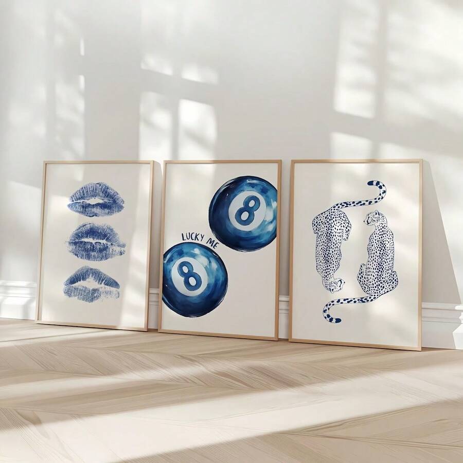 3 件套蓝色豹纹唇台球时尚海报印刷品 - 审美敏锐的年轻女孩房间多巴胺装饰，别致的极简主义绘画学院风格墙壁艺术，适合宿舍、公寓、客厅、卧室、现代家居装饰的带框墙壁艺术 | 充满活力的墙壁艺术 | 细致的印刷质量，豹纹装饰 - 彩色 - 查看 1