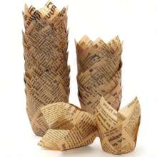 50 piezas de moldes para cupcakes con forma de tulipán con impresión de periódico natural, tazas de hornear antiadherentes adecuadas para bodas, fiestas de cumpleaños, Navidad, decoración rústica vintage, suministros duraderos para fiestas, recipientes para postres de cumpleaños, material, suministros de repostería para el hogar, tazas de decoración navideña