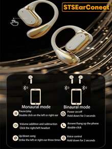 STSEarConect 1 Pc Golden Earhook Design LED Digital Display Wireless Sports Headset, 5.4 Bluetooth Headset, Wireless Operation, With ENC Noise Reduction Microphone, 3D Deep Bass On-Ear Headphones, Sports Earbuds, Business, Music, IPad, Laptop, IOS, Android Users, Gifts For Family, Friends Birthday, Spring, Boyfriend, Girlfriend, Holiday, Smooth Wireless Earbuds With LED Display - Touch Control, Hanging Ear Headphones, Wireless Earbuds Sports Music Games