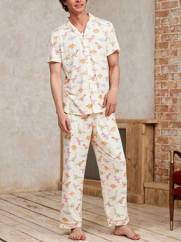 Lightweight Summer Men's Colorful Dinosaur Printed Lapel Button Front Short Sleeve Top And Long Pants 2 Pieces Pajama Set, Casual And Comfortable