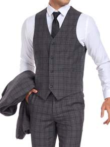 Traje de 3 piezas para hombres en diseño a cuadros, elegante y casual, corte slim, de solapa sencilla, para bodas, negocios o eventos, incluye blazer, chaleco y pantalón, color gris, tallas XS-3XL
