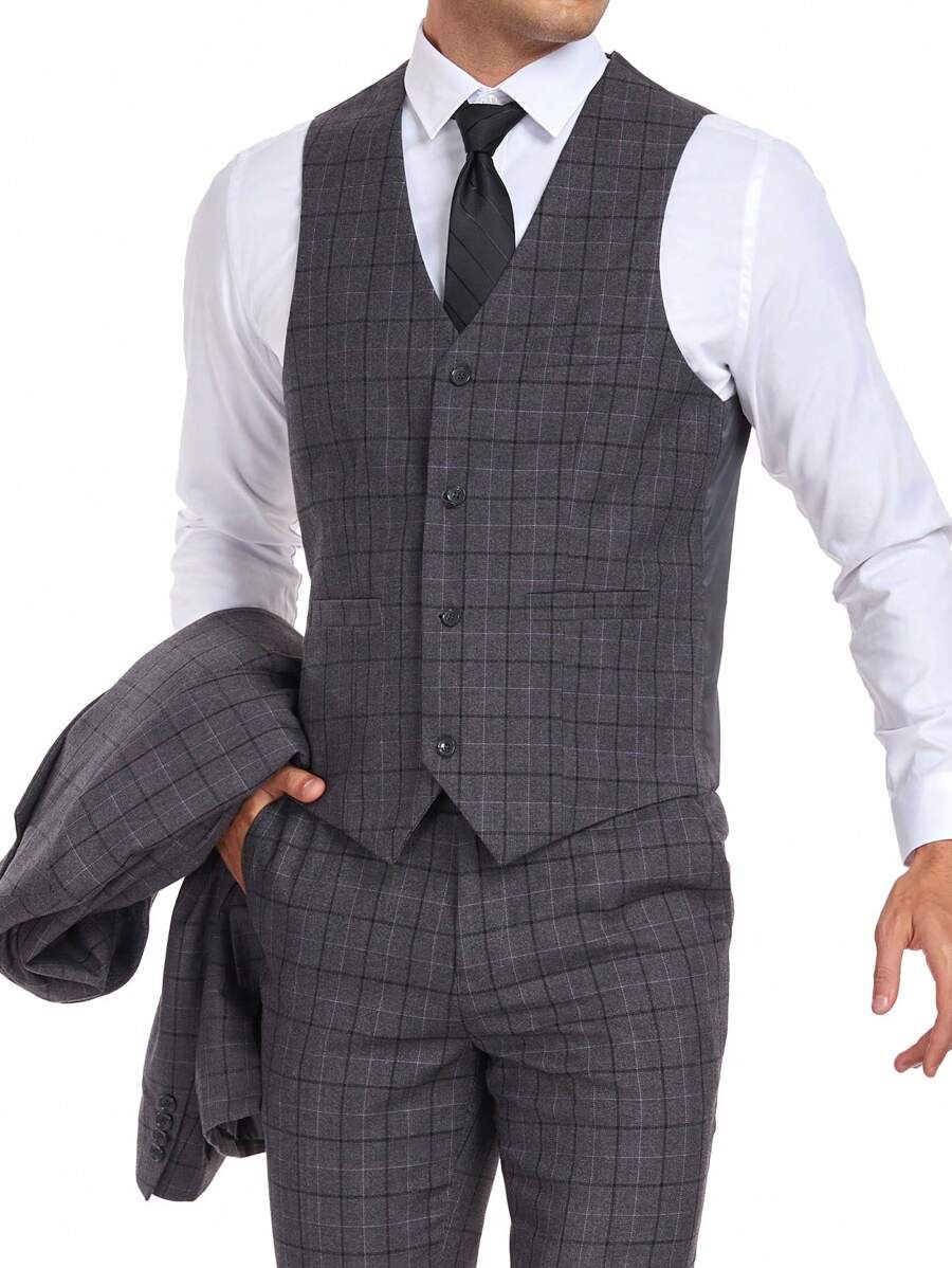Traje de 3 piezas para hombres en diseño a cuadros, elegante y casual, corte slim, de solapa sencilla, para bodas, negocios o eventos, incluye blazer, chaleco y pantalón, color gris, tallas XS-3XL