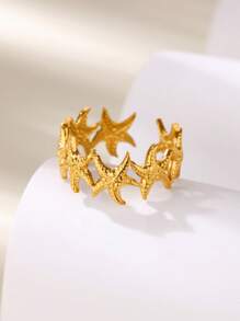 Anel vintage de estrela do mar para mulheres e homens, banhado a ouro 18k, aço inoxidável, anel com estrelas empilhadas, joia exclusiva, adequado para férias, aniversário, festa de verão, casamento