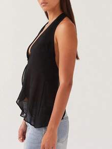Women Y2k Sheer Mesh Halter Top Sleeveless Split Asymmetrical Hem Flowy Tank Backless V-Neck See Through Cami Shirt - 黑色 - 查看 2
