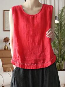 Women's Tank Tops Summer Causal Versatile Solid Color Plus Size Loose Sleeveless Linen Shirt - Red - View 1