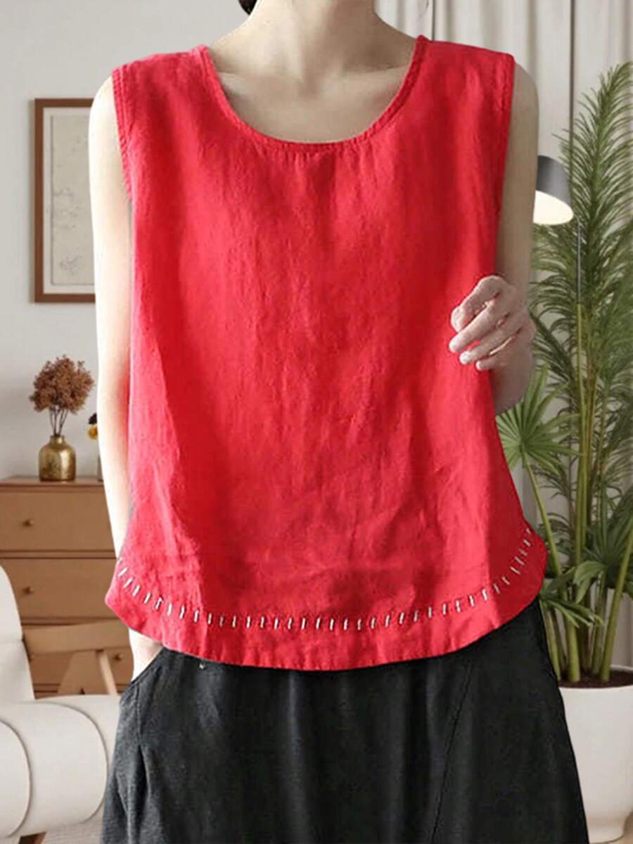 Women's Tank Tops Summer Causal Versatile Solid Color Plus Size Loose Sleeveless Linen Shirt - Red - View 1