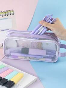 Trousse à crayon de type maille transparente à 2 compartiments, sac de rangement pour maquillage et cosmétiques avec grille et poignée, organisateur transparent pour marqueurs, pour bureau, voyages, étudiant, rentrée scolaire, trousse à crayons, sac scolaire