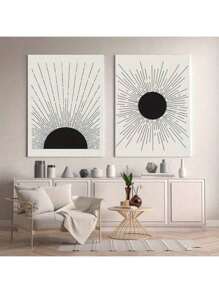Set Of 2 Minimalist Sun Art Prints - Black & White Abstract Sunburst Designs - Frameless Modern Wall Decor For Living Room, Office - 2D Flat