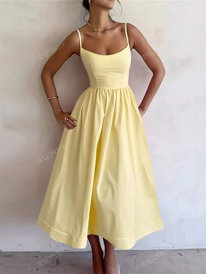 ANCHOSE Women's Elegant Light Yellow Spaghetti Strap Dress, Spring/Summer