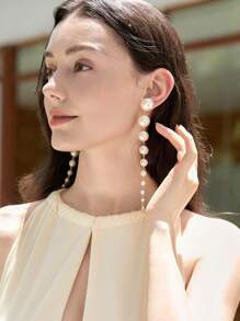 1 Pair Elegant Long Tassel & Faux Pearl Dangle Earrings, Fashion Jewelry Accessory For Party