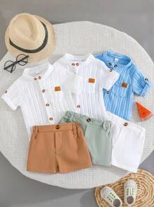 Set da 6 pezzi Outfit per bambini maschio, composto da camicia con colletto alla coreana e pantaloncini comodi, in stile britannico