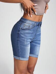 Jeanoix High Waist Slant Pocket Roll Up Hem Denim Shorts - Medium Wash - View 4