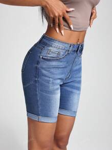 Jeanoix High Waist Slant Pocket Roll Up Hem Denim Shorts