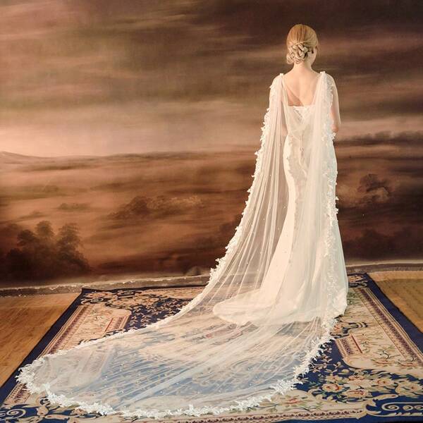 1 Pc Luxury Lace Trim Bridal Shawl With Faux Pearl, Lace Bridal Cape