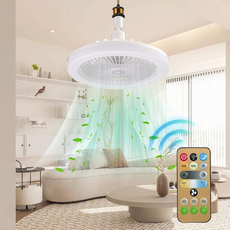 Ventilador de techo de 30 W con lámpara de iluminación, base convertidora E26 con control remoto para dormitorio, sala de estar, hogar, silencioso, 3 velocidades, 3 colores regulables - Blanco - Ver 1