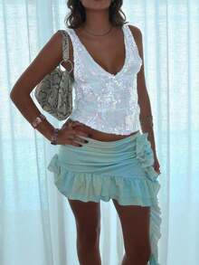 Women Y2K Sequin Tank Top Sparkly Sleeveless Deep V Neck Slim Fit Cami Crop Top Summer Backless Glitter Camisole Vests Shirts Party Club Going Out Tops Rave Outfits - trắng - Xem 3