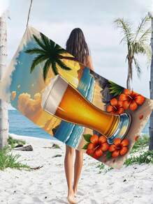 1pc Beach Sunset Beer Printed Ultra-Soft Microfiber Beach Towel, Extra Large Beach/Bath Towel With Colorful Graffiti Design For Outdoor Beach Mat, Yoga Mat, Bathroom Accessories, Quick-Dry 250gsm For Swimming, Gym, Yoga, Outdoor, Camping Travel Essentials Travel Accessories Beach Essentials