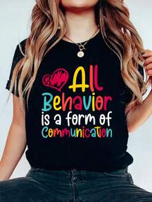 Plus Size Women ABA Therapist Graphic Tee - All Behavior Is A Form Of Communication Print, Short Sleeve, Crew Neck, Casual Summer Top In Black With Colorful Geometric Design, Everyday Tshirt Graphic Print Shirt Fabric Women Size L-3XL 4XL 5XL - màu đen - Xem 1