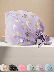 1 pieza Gorro de enfermera/Gorro quirúrgico con patrón de mariposa de laminado de algodón, antibacteriano y antipolvo, adecuado para enfermeras, esteticistas, personal de limpieza y otros profesionales médicos/de limpieza