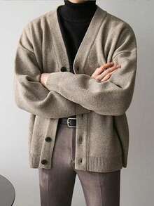 كارديجان طويل الأكمام بياقة على شكل حرف V وأزرار للرجال، ملابس رجالية كاجوال للخريف والشتاء