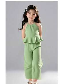 Young Girl Sleeveless Ruffle Hem Solid Color Leisure Suit, Summer - Green - View 7