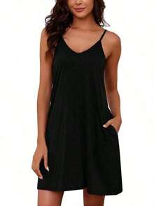 Womens Cotton Sleeveless Nightgown Spaghetti Strap Full Slip Sleep Dress With Pockets - Green - View 2