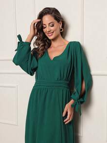 FASHION MIX PREMIUM Elegant Long Dress With Slit Long Sleeves With Tie With V-Neckline And Waist Adjustment Plus Size Women's Fits 38 To 44 - Màu xanh lá cây đậm - Xem 4