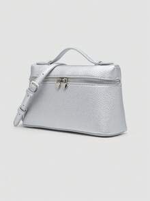 1 pieza Bolso de hombro cuadrado de unicolor con textura de lichí en PU, pequeña cartera para mujeres, apta para combinaciones de moda diaria y salidas - Plateado - Ver 3