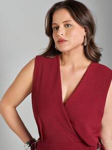 FASHION MIX PREMIUM Elegant Long Jumpsuit Tailored With Detail At The Waist And V-Neckline Plus Size Women's Fits 46 To 50 - 紅木色 - 查看 8