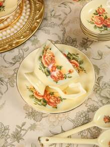 1pc Korean Style Ceramic Cream-Colored Coffee Cup And Saucer Set, Rose Flower Design, Suitable For Home, Club, Cafe, And Office Use Back To School
