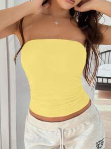 Camiseta sin tirantes básica de ajuste elástico y ceñido de color amarillo mantequilla para uso en todas las estaciones, diseño de moda de verano para el 4 de julio