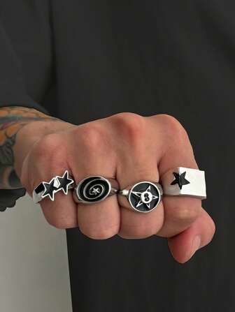 4pcs Punk Style Spiral Star-Shaped Ring Set, Men's Casual Everyday Accessory