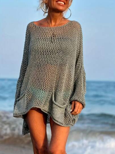 Women'S Plus Size Sexy Hollow-Out Loose Vacation Beachwear Knit Coverup With Pockets, Long Sleeves, And Round Neckline