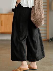 Plus Size High Waisted Wide Leg Pants Solid Elastic Waist Loose Fit Flowy Trousers With Pockets - Black - View 6
