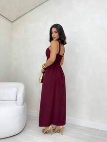 Long Dress Simple Elegant Casual Button Split Side Slit Women Wedding - 酒紅色 - 查看 2