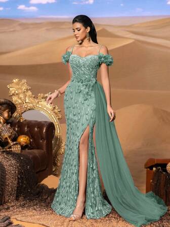 Faeriesty Haute Glamour Gorgeous Off-Shoulder Beaded Pearl Evening Gown With Side Draping & High Slit, Elegant Embellished Dress For Women | Gala, Wedding Guest, Red Carpet, Formal Party, Evening Soiree