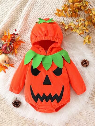 Baby Pumpkin Hooded Long Sleeve Romper Jumpsuit Outfit, Halloween