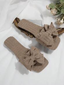 Sandale plate cu fundă pufoasă, confortabile, minimaliste, confortabile, pentru femei, mărime plus, papuci de plajă la modă, casual, pentru vară - Caisă - Vizualizare 6