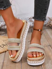 Sandalias planas decoradas con rhinestones 2025, con Top de malla transpirable para mujeres