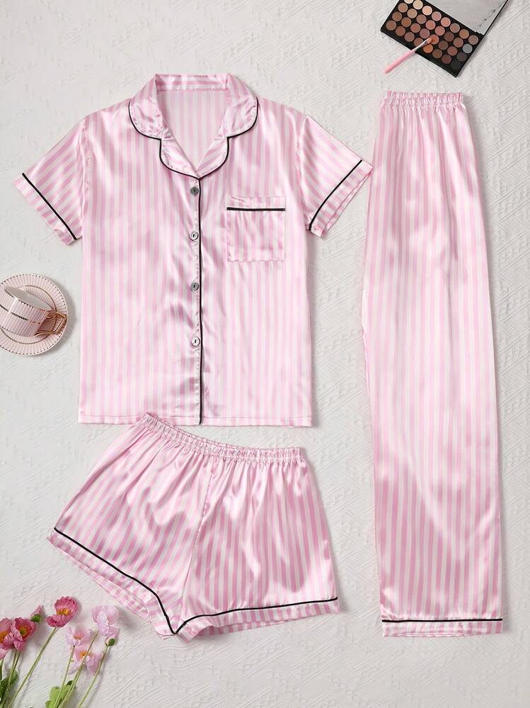 3pcs Satin Women Pajama Set, Short Sleeve Top, Shorts & Pants, Casual Loose Sleepwear For Spring, Summer, Autumn & Winter, Basic Style, Comfortable & Suitable For Home & Outdoor, Pink - Pink - View 1