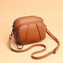 Solid Color Fashionable Rivet Zipper Women's Mobile Phone Bag Simple Soft Leather Shoulder Crossbody Small Square Bag Handbag - màu nâu - Xem 13